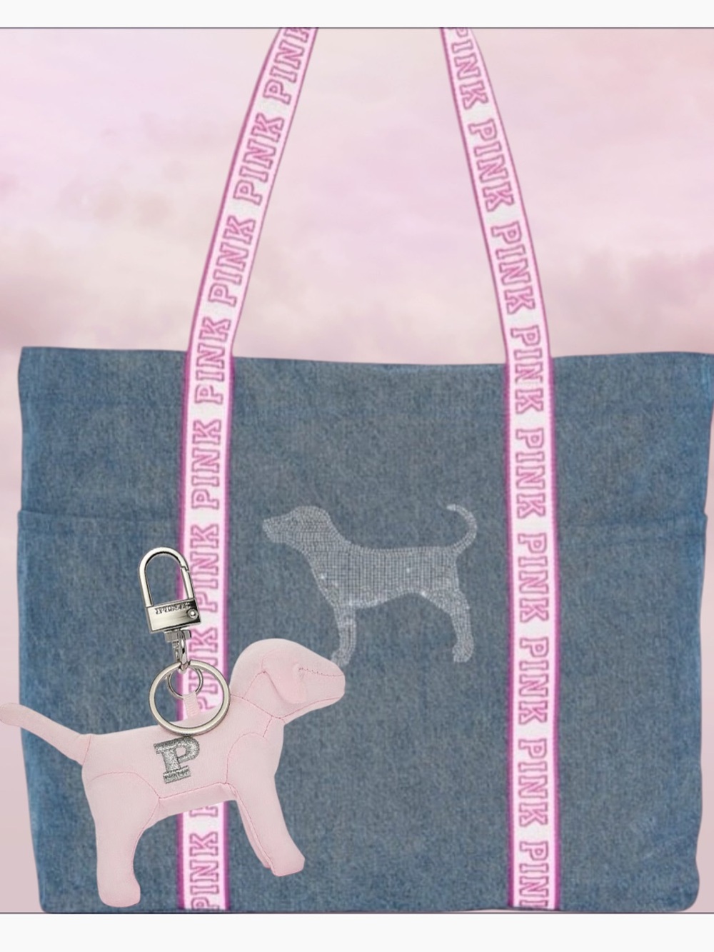 PINK Iconic PINK DOG IN Diamanté Denim Tote Bag & mini dog keychain charm BNWT